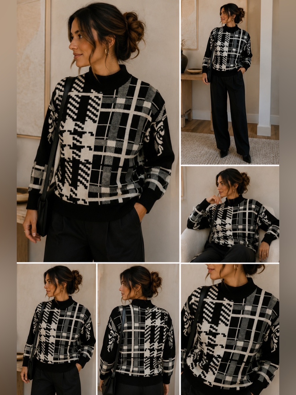 Vintage Baroque mock neck Sweater M Black White Geometric Plaid 80s 90s Retro